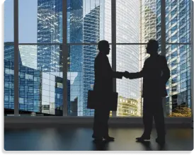 Lawyer and client shacking hands inside a building